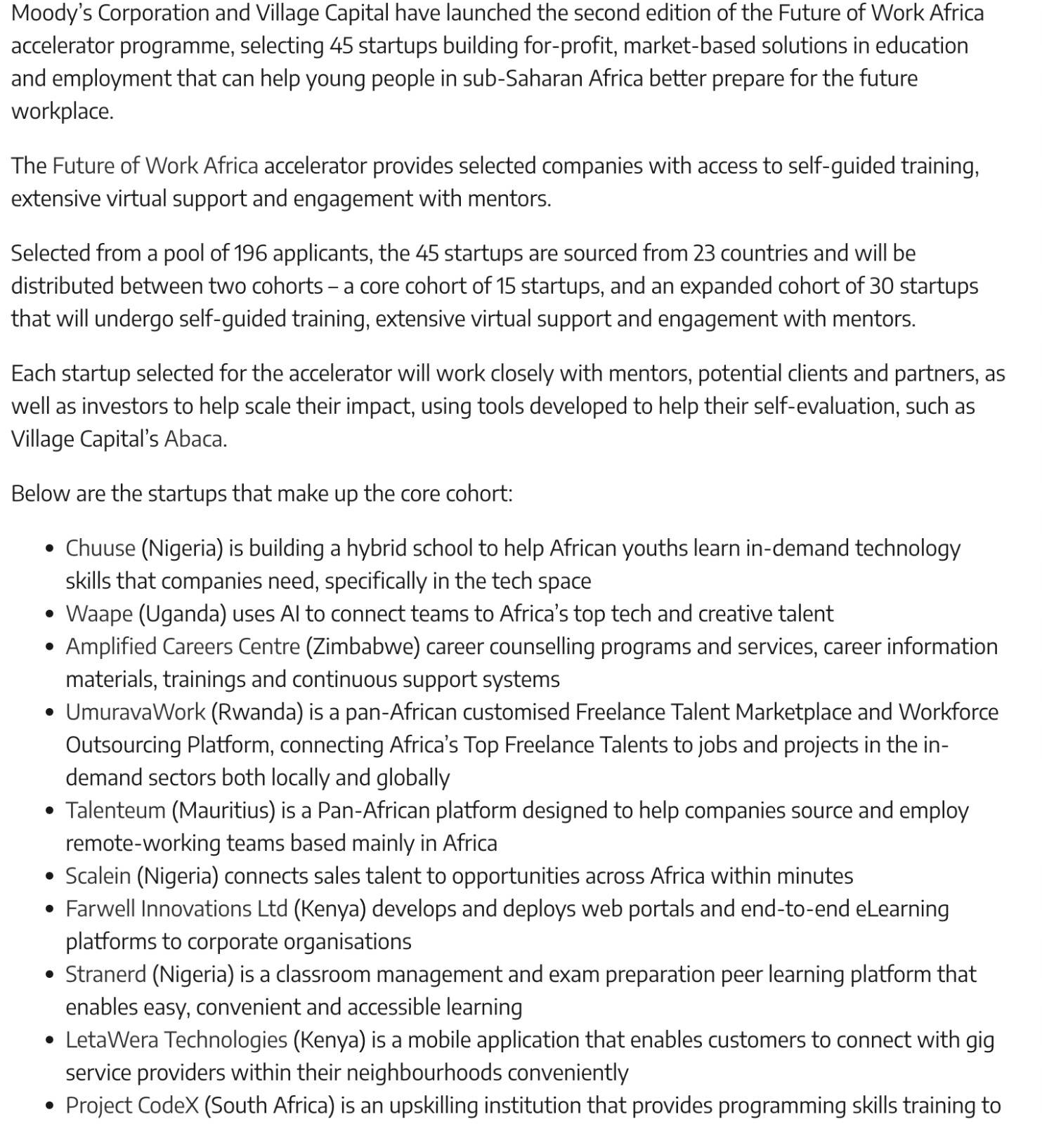Chuuse listed in the Moody's and Village Capital core cohort